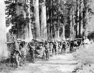 Travelling a Mountain Road by Palanquin, c.1870s by Japanese Photographer